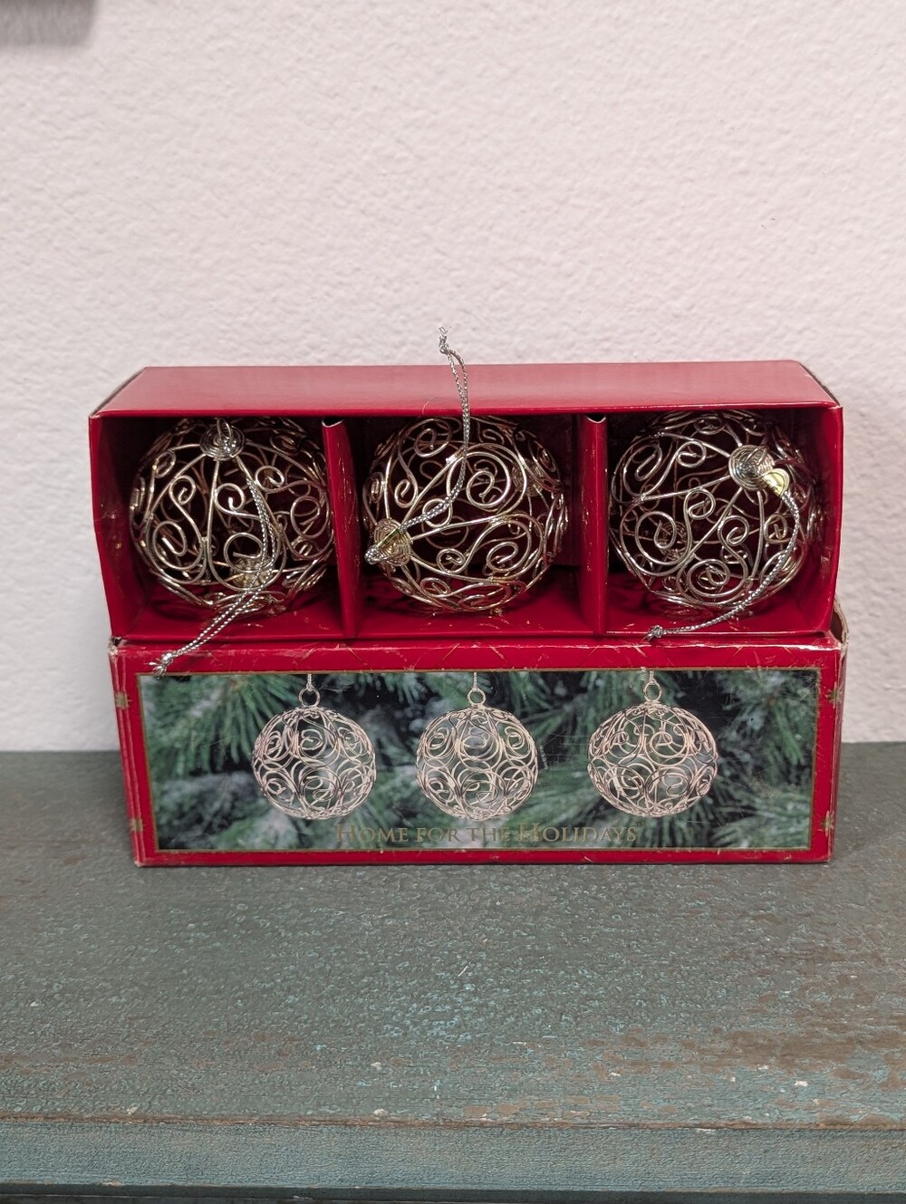 Vtg Wire Ball Ornament Set of 3 Silver Plate Home For The Holidays 90s with Box